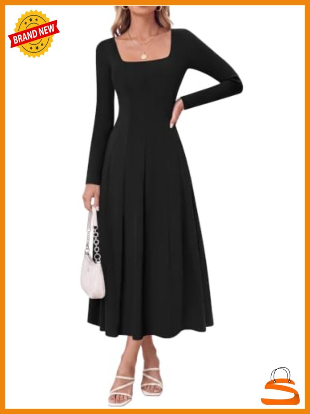 Cotton Midi Dress with Pockets Long Sleeve Crew Neck A-Line Fall Wedding Guest